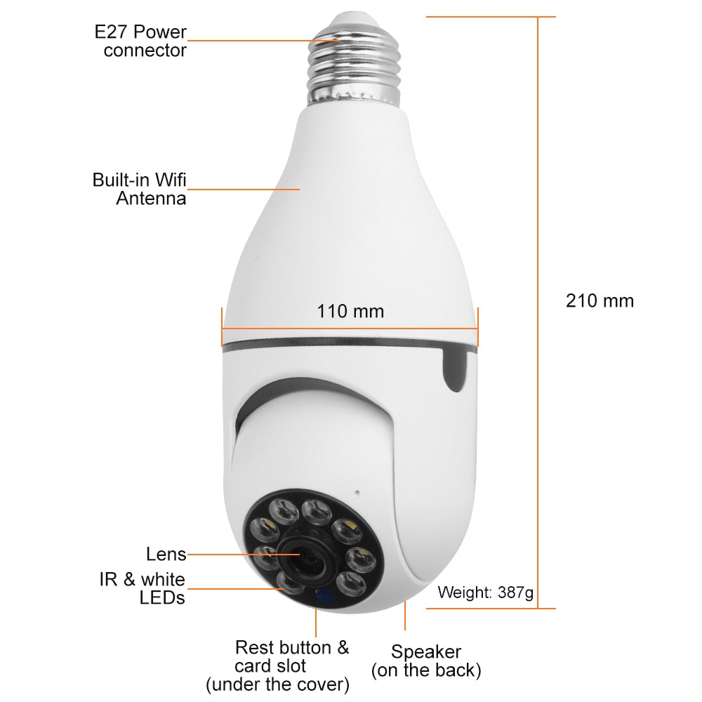 360°Panoramic Wifi Light Bulb Surveillance Cam PTZ IP Camera Night Vision Motion Detection Smart Home Security Protection Webcam