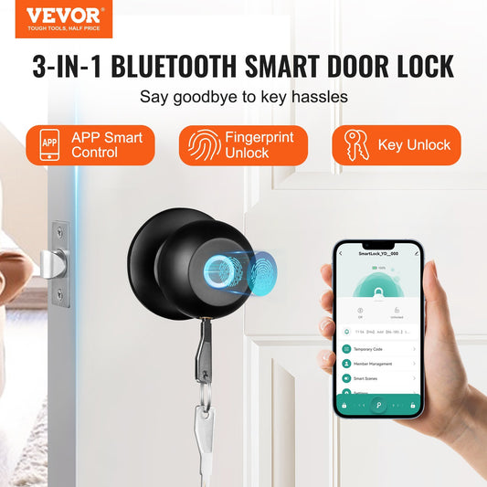 VEVOR Smart Door Knob, Biometric Door Lock Bluetooth Smart Lock, Fingerprint Smart Lock With APP Control, Easy Installation Door Lock, For Home Bedrooms, Cloakroom, Hotels, Apartments Offices, Black