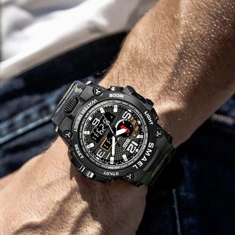 SMAEL Watches For Men 50M Waterproof Clock Alarm reloj hombre 1545D Dual Display Wristwatch Quartz Military Watch Sport New Mens