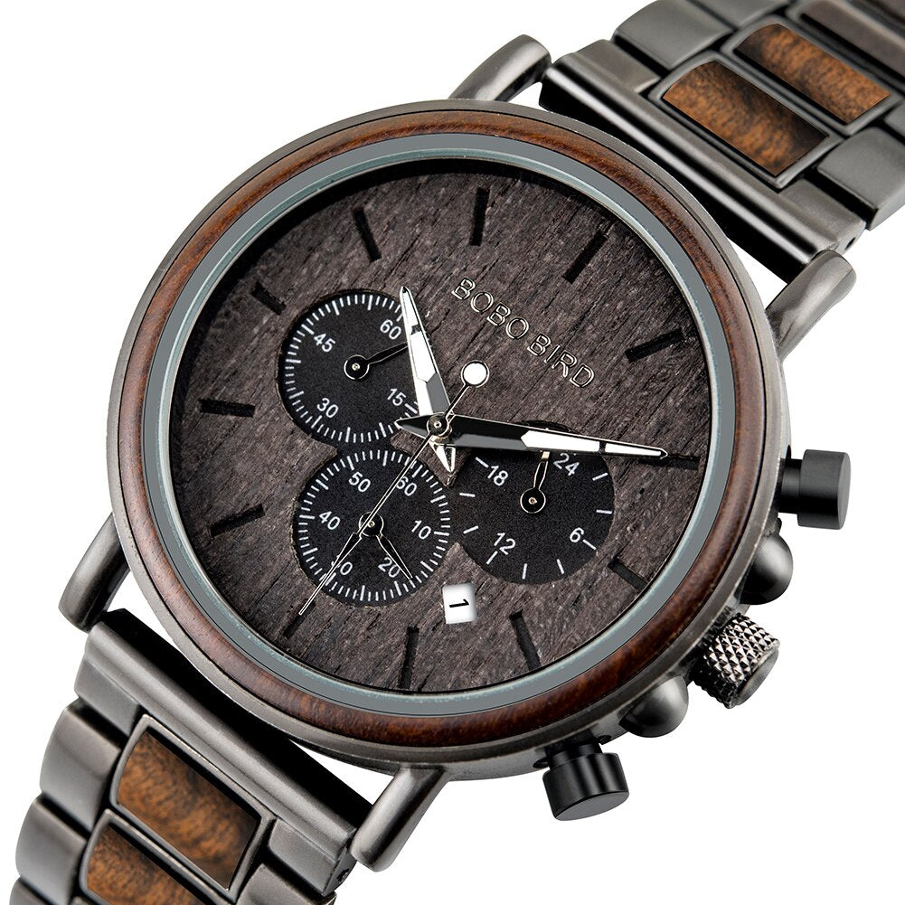 BOBO BIRD Wooden Watch Men erkek kol saati Luxury Stylish Wood Timepieces Chronograph Military Quartz Watches in Wood Gift Box