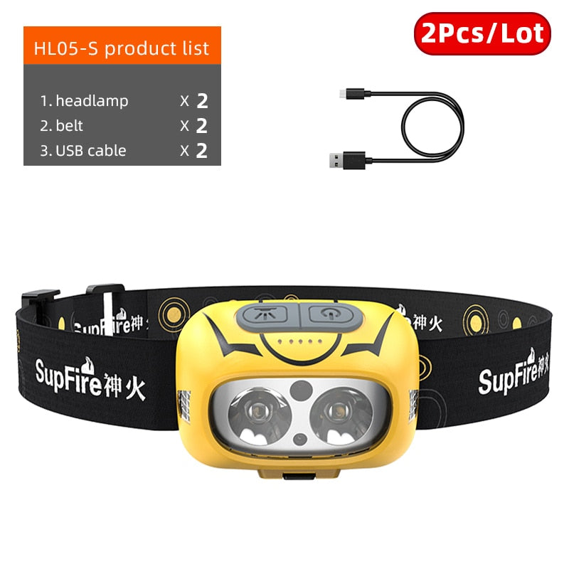 Supfire HL05-S Powerful LED Headlamp Yellow/White Light Camping Lantern Motion Sensor Rechargeable Stepless Dimming Head Lamp
