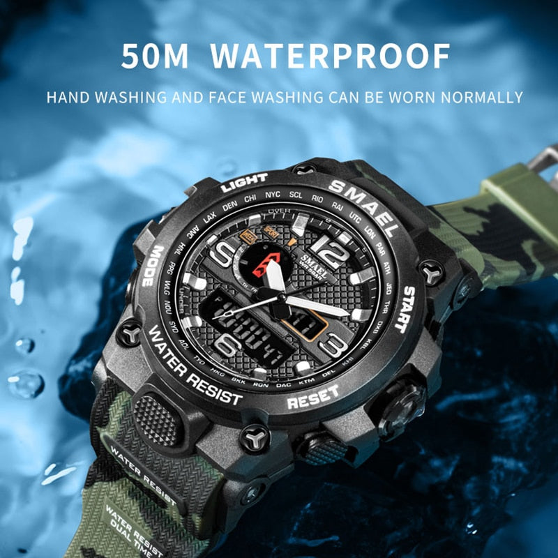 SMAEL Watches For Men 50M Waterproof Clock Alarm reloj hombre 1545D Dual Display Wristwatch Quartz Military Watch Sport New Mens