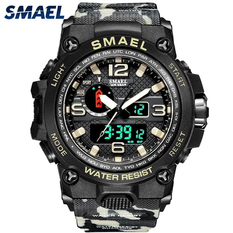 SMAEL Watches For Men 50M Waterproof Clock Alarm reloj hombre 1545D Dual Display Wristwatch Quartz Military Watch Sport New Mens