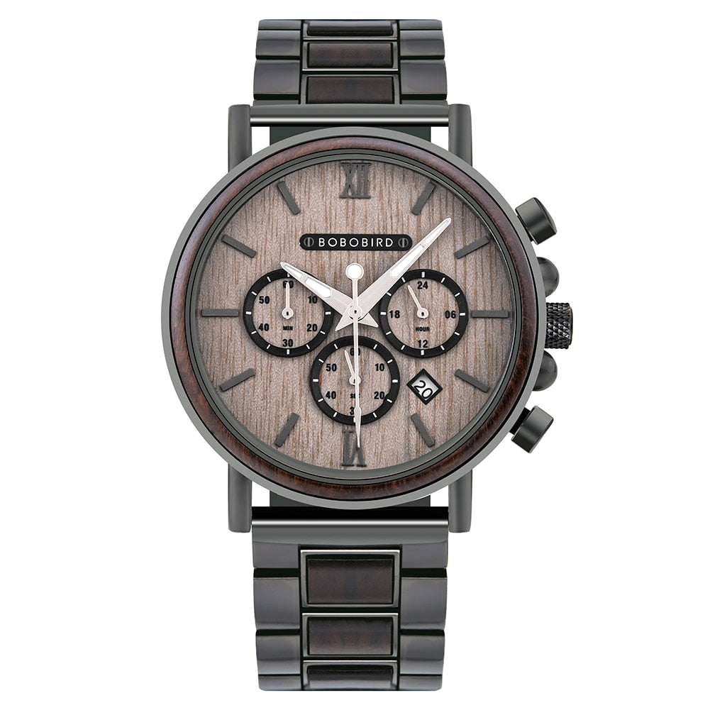 BOBO BIRD Wooden Watch Men erkek kol saati Luxury Stylish Wood Timepieces Chronograph Military Quartz Watches in Wood Gift Box