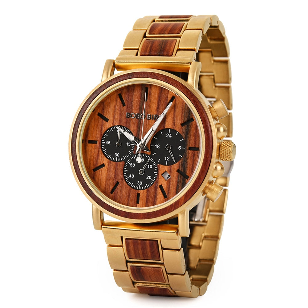 BOBO BIRD Wood Men Watch Relogio Masculino Top Brand Luxury Stylish Chronograph Military Watches Timepieces in Wooden Gift Box