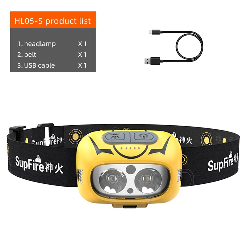 Supfire HL05-S Powerful LED Headlamp Yellow/White Light Camping Lantern Motion Sensor Rechargeable Stepless Dimming Head Lamp