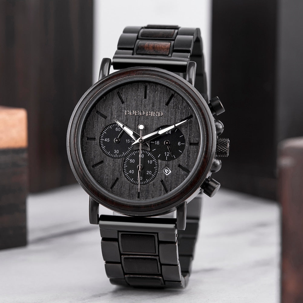 BOBO BIRD Wood Men Watch Relogio Masculino Top Brand Luxury Stylish Chronograph Military Watches Timepieces in Wooden Gift Box