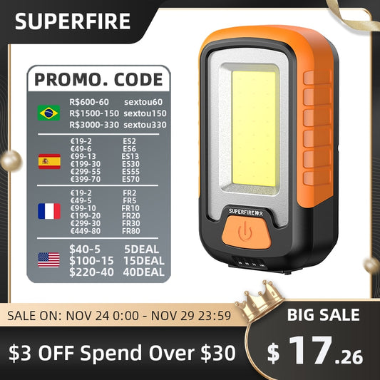SUPERFIRE G21 USB Rechargeable COB Work Light Portable LED Flashlight For Camping Fishing Magnet Design Lantern Torch Light