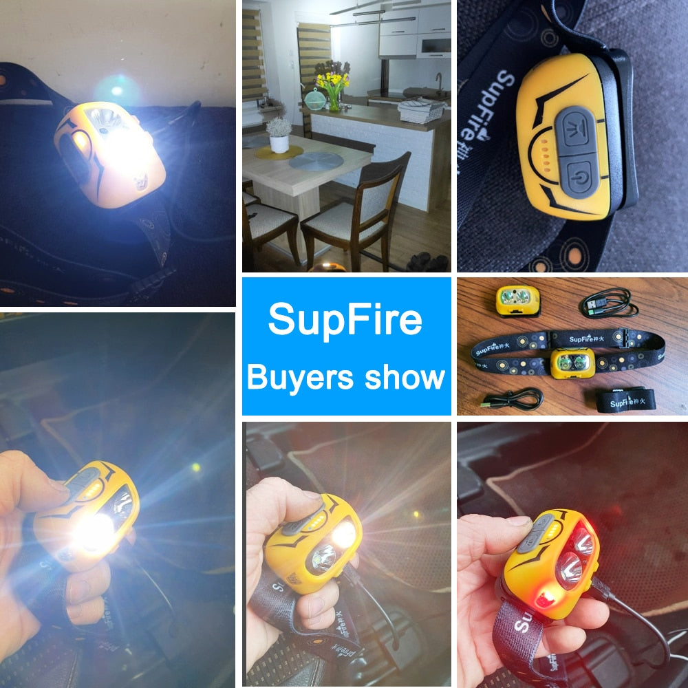Supfire HL05-S Powerful LED Headlamp Yellow/White Light Camping Lantern Motion Sensor Rechargeable Stepless Dimming Head Lamp
