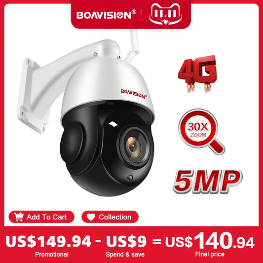 Outdoor IP Camera 5MP 4G Sim Card WIFI AI Auto Tracking 30X Zoom Wireless PTZ Speed Dome CCTV Camera Two Way Audio IR 80m Camhi