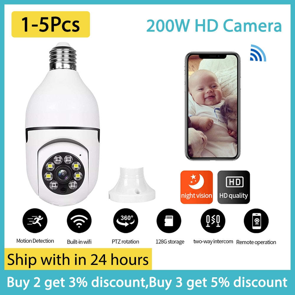 1-5Pcs WIFI Surveillance Camera 2MP Light Bulb HD Video Security IP Night Vision Camera Two Way Talk Phone Remote 360° Rotation
