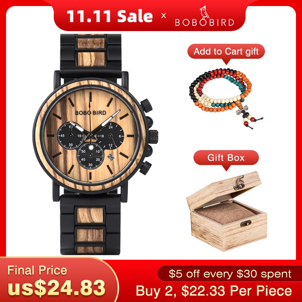BOBO BIRD Wooden Watch Men erkek kol saati Luxury Stylish Wood Timepieces Chronograph Military Quartz Watches in Wood Gift Box