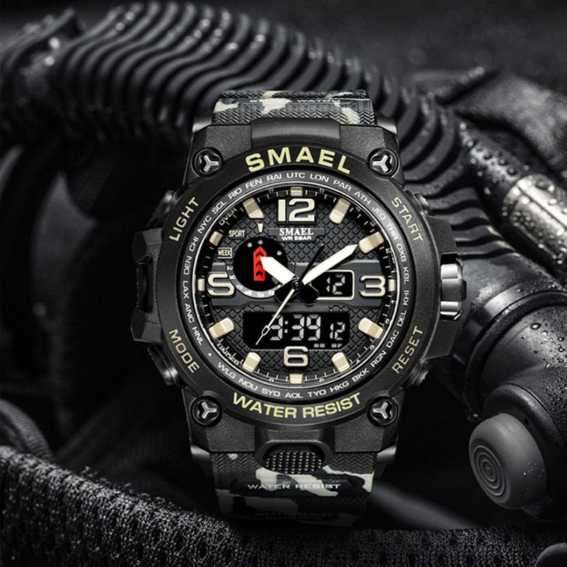 SMAEL Watches For Men 50M Waterproof Clock Alarm reloj hombre 1545D Dual Display Wristwatch Quartz Military Watch Sport New Mens