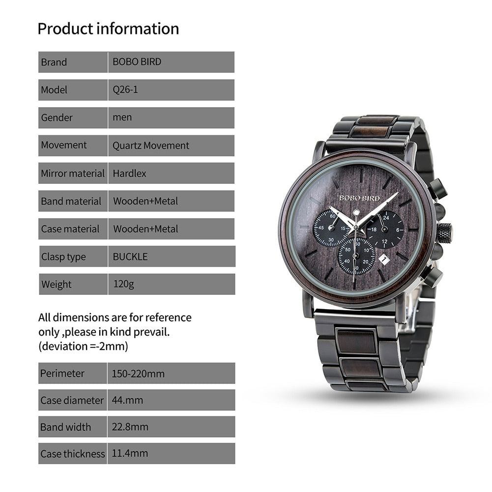 BOBO BIRD Wood Men Watch Relogio Masculino Top Brand Luxury Stylish Chronograph Military Watches Timepieces in Wooden Gift Box