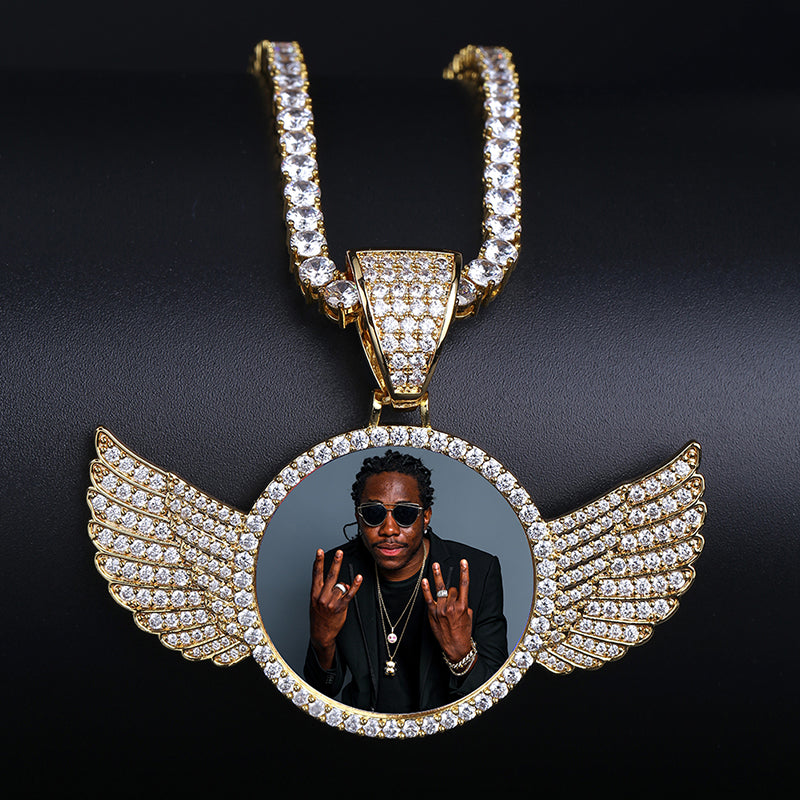 TOPGRILLZ Gold Custom Made Photo With wings Medallions Necklace &amp; Pendant 4mm Tennis Chain Cubic Zircon Men's Hip hop Jewelry