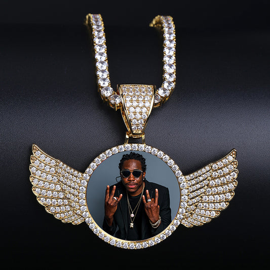 TOPGRILLZ Gold Custom Made Photo With wings Medallions Necklace &amp; Pendant 4mm Tennis Chain Cubic Zircon Men's Hip hop Jewelry
